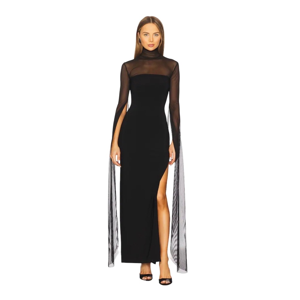 Norma KAMALI Ribbon Sleeve Turtleneck Side Slit Gown in Black Size Small/36